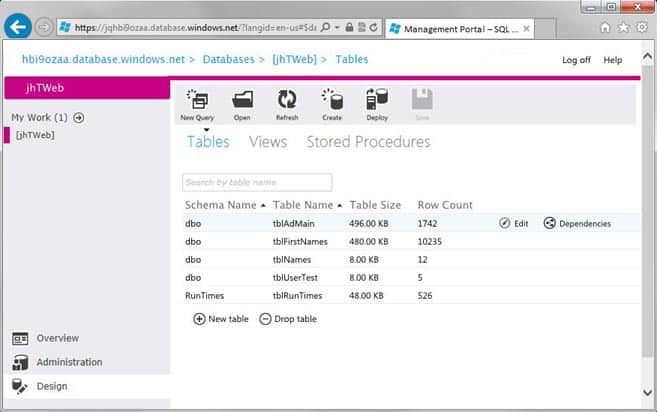 Azure Database Management Webpage
